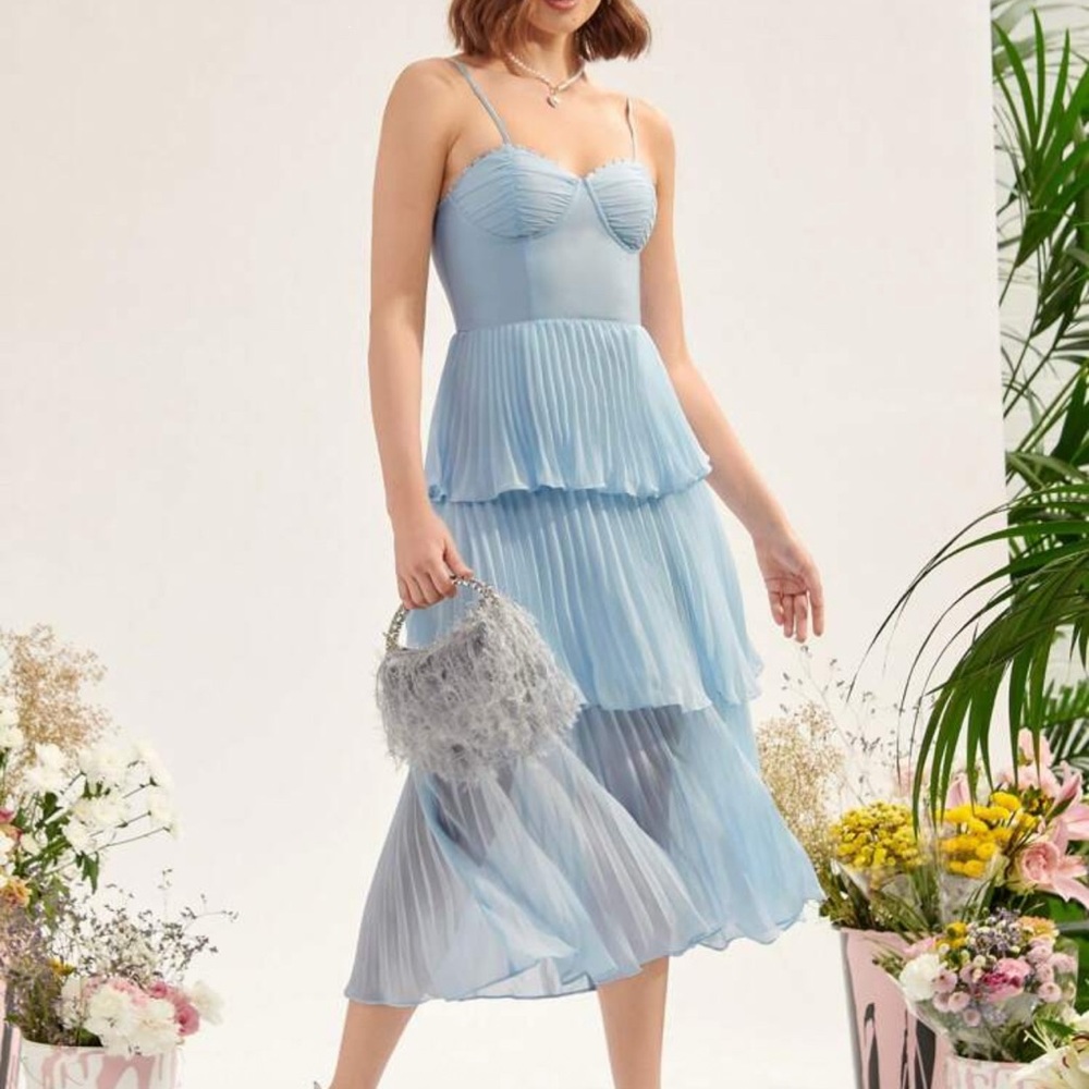 SHEIN Sky Blue Pleated Midi Dress